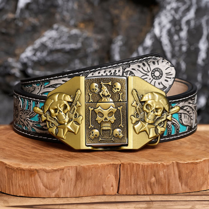 Herren-Ledergürtel zum Selbermachen mit gekreuzten Gewehren und Totenkopf sowie verstecktem Feuerzeug - Bronze - Grauer Gürtel mit Blumenmuster - 42 - image 7