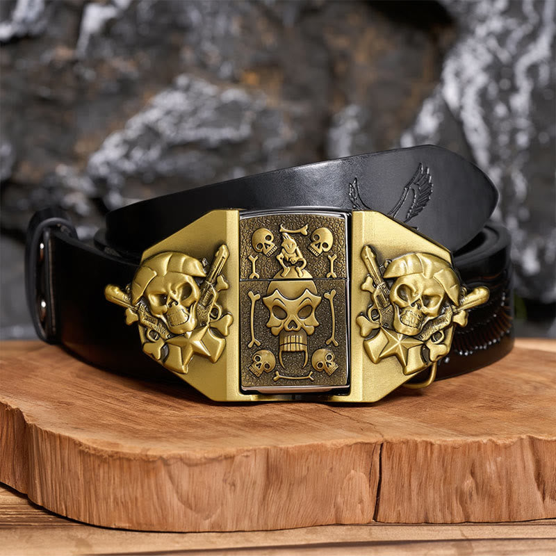 Herren-Ledergürtel zum Selbermachen mit gekreuzten Gewehren und Totenkopf sowie verstecktem Feuerzeug - Bronze - Schwarzer Gürtel mit Adlerprägung - 42 - image 2