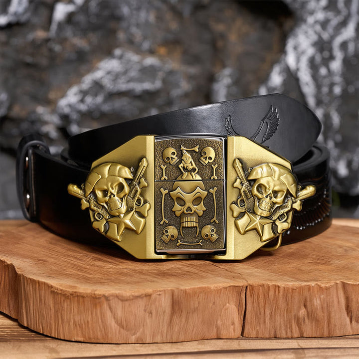 Herren-Ledergürtel zum Selbermachen mit gekreuzten Gewehren und Totenkopf sowie verstecktem Feuerzeug - Bronze - Schwarzer Gürtel mit Adlerprägung - 42 - image 2