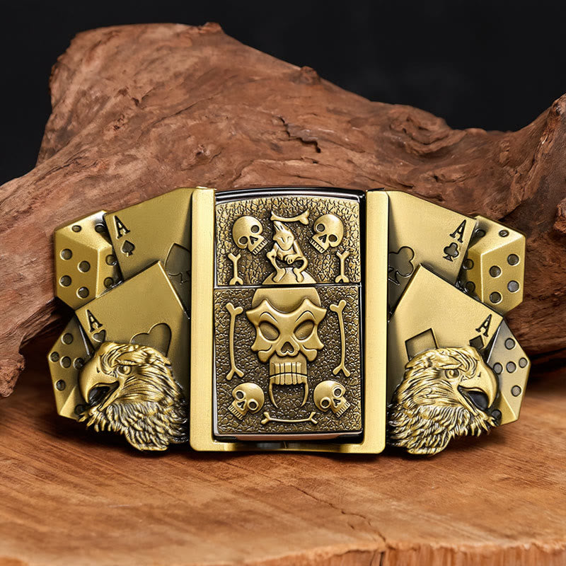 Herren-Gürtel aus Leder mit Adler-Würfel-Totenkopf-Motiv und verstecktem Feuerzeug zum Selbermachen - Bronze - Ohne Gürtel - Nicht im Lieferumfang enthalten: Gürtel - image 0