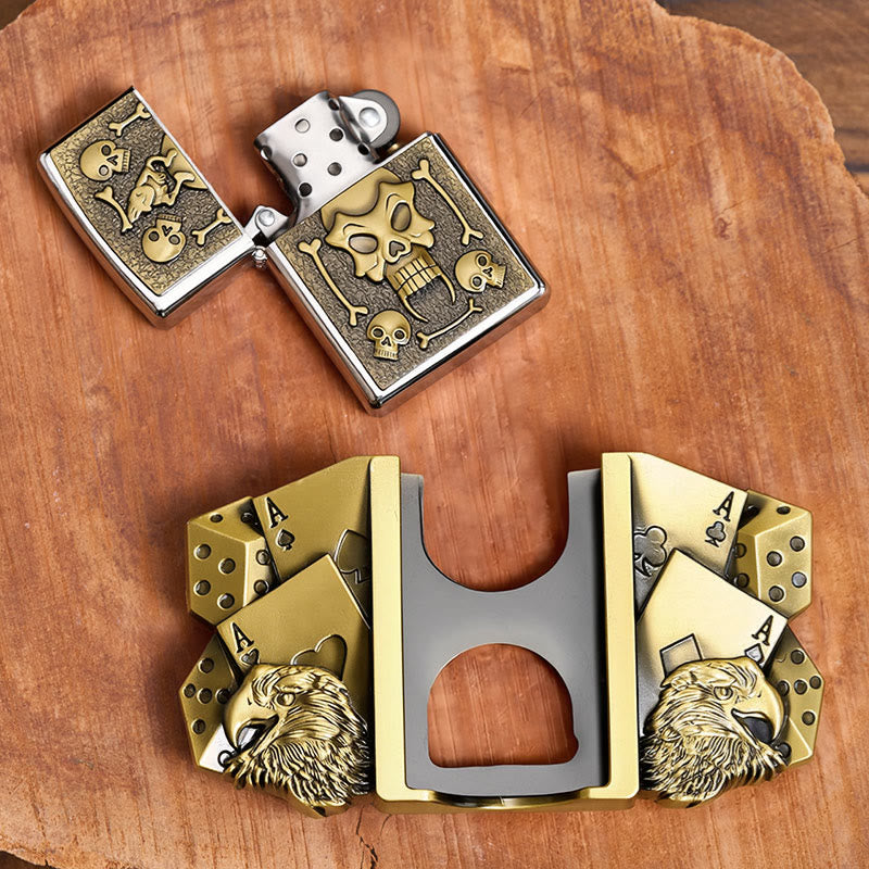 Herren-Gürtel aus Leder mit Adler-Würfel-Totenkopf-Motiv und verstecktem Feuerzeug zum Selbermachen - image 1