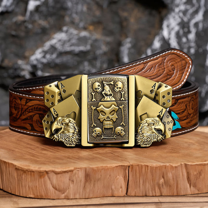 Herren-Gürtel aus Leder mit Adler-Würfel-Totenkopf-Motiv und verstecktem Feuerzeug zum Selbermachen - Bronze - Brauner Federgürtel - 40 - image 6