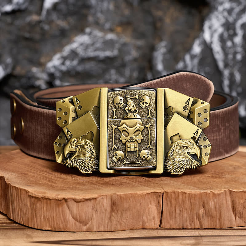 Herren-Gürtel aus Leder mit Adler-Würfel-Totenkopf-Motiv und verstecktem Feuerzeug zum Selbermachen - Bronze - Brauner, abgenutzter Gürtel - 42 - image 5