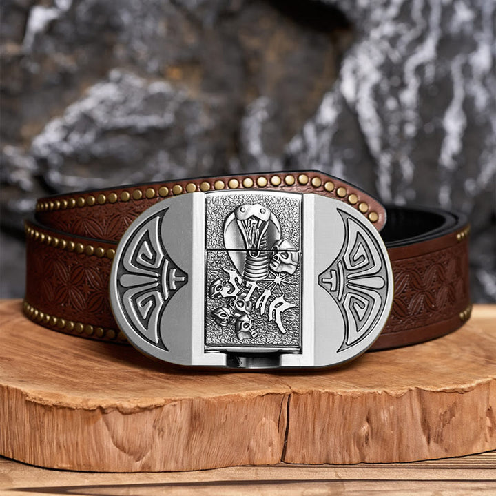 Herren-Gürtel aus Leder mit selbstgemachtem Gothic-Motiv, Kobra-Totenkopf und verstecktem Feuerzeug - Silber - Brauner Nietgürtel - 42 - image 12
