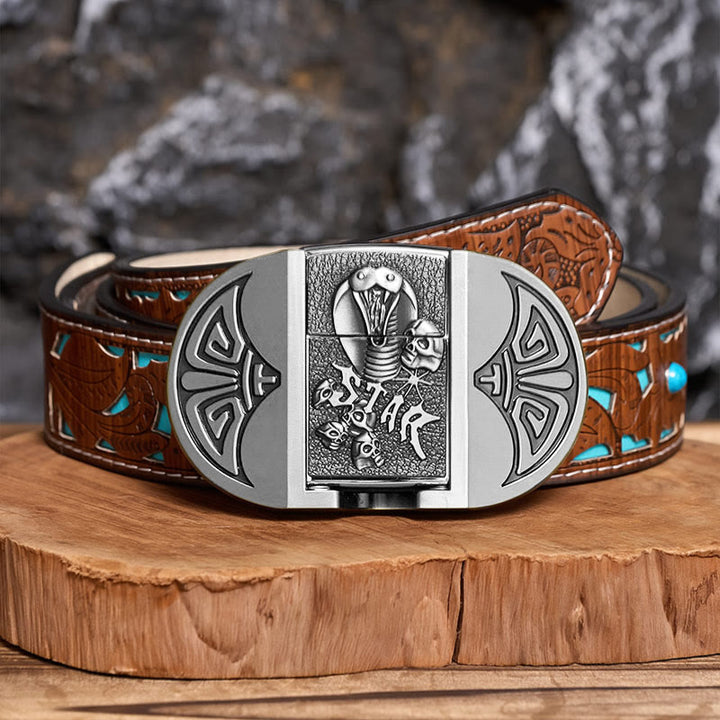 Herren-Gürtel aus Leder mit selbstgemachtem Gothic-Motiv, Kobra-Totenkopf und verstecktem Feuerzeug - Silber - Türkisfarbener, geschnitzter Gürtel - 42 - image 11