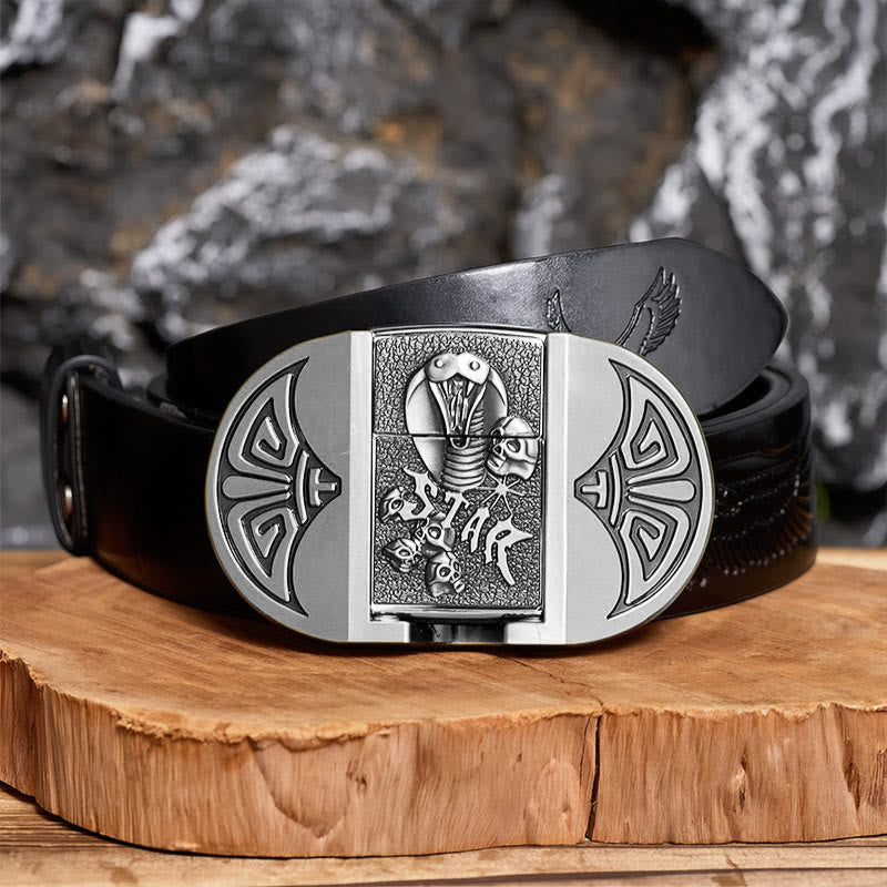 Herren-Gürtel aus Leder mit selbstgemachtem Gothic-Motiv, Kobra-Totenkopf und verstecktem Feuerzeug - Silber - Schwarzer Gürtel mit Adlerprägung - 42 - image 10
