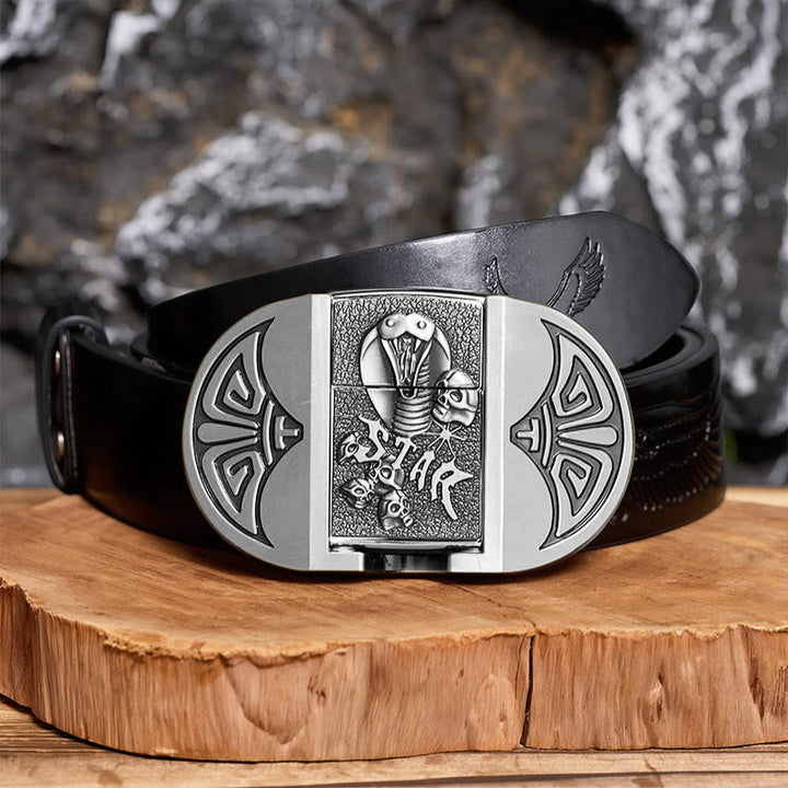 Herren-Gürtel aus Leder mit selbstgemachtem Gothic-Motiv, Kobra-Totenkopf und verstecktem Feuerzeug - Silber - Schwarzer Gürtel mit Adlerprägung - 42 - image 10