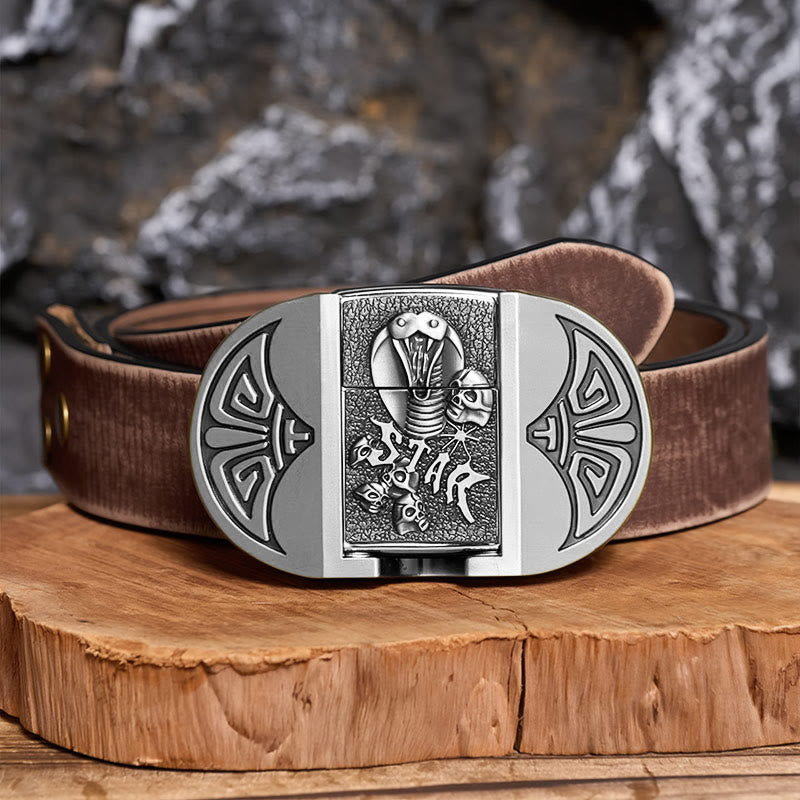 Herren-Gürtel aus Leder mit selbstgemachtem Gothic-Motiv, Kobra-Totenkopf und verstecktem Feuerzeug - Silber - Brauner, abgenutzter Gürtel - 42 - image 13