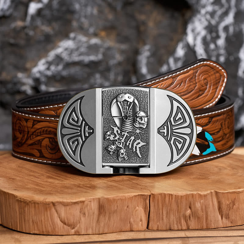 Herren-Gürtel aus Leder mit selbstgemachtem Gothic-Motiv, Kobra-Totenkopf und verstecktem Feuerzeug - Silber - Brauner Federgürtel - 40 - image 14