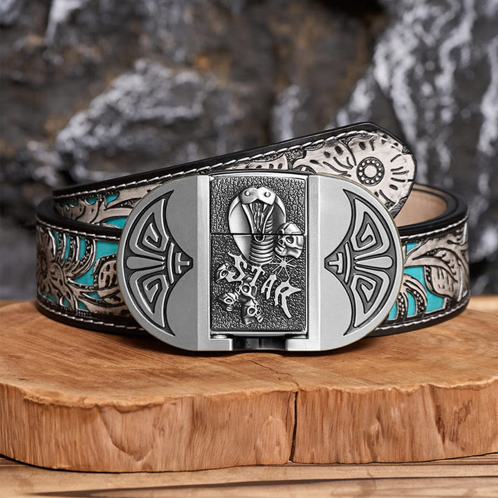 Herren-Gürtel aus Leder mit selbstgemachtem Gothic-Motiv, Kobra-Totenkopf und verstecktem Feuerzeug - Silber - Grauer Gürtel mit Blumenmuster - 42 - image 15