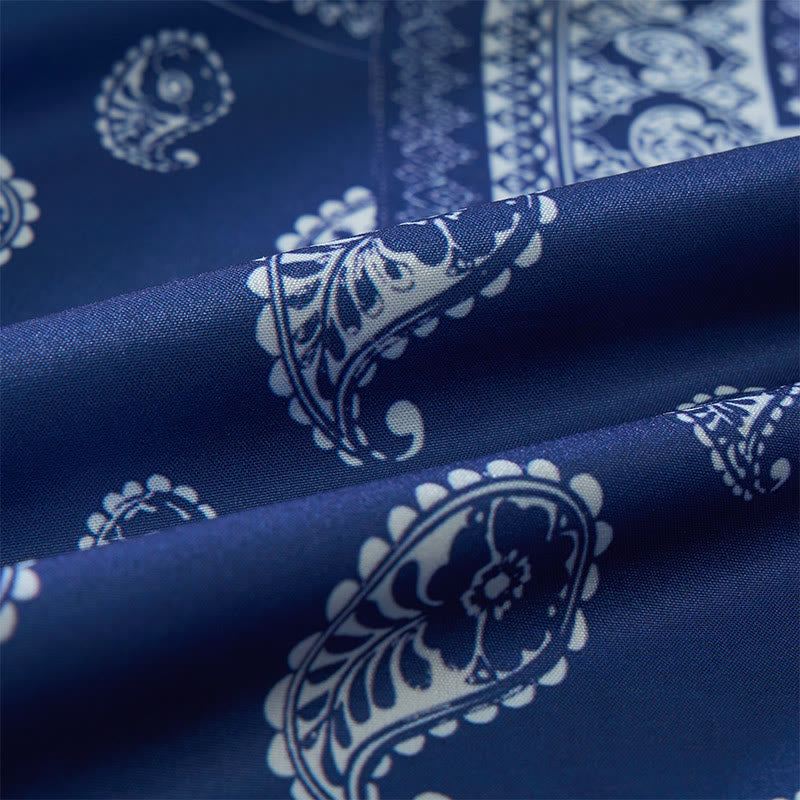 Klassisches marineblaues Kurzarmhemd mit Paisley-Patchwork-Print für Herren - image 6