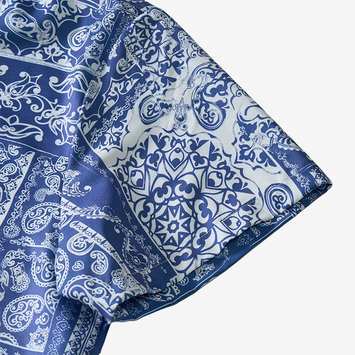 Klassisches marineblaues Kurzarmhemd mit Paisley-Patchwork-Print für Herren - image 8