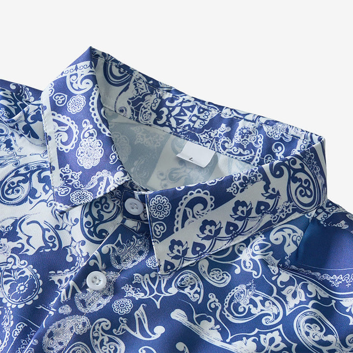Klassisches marineblaues Kurzarmhemd mit Paisley-Patchwork-Print für Herren - image 4
