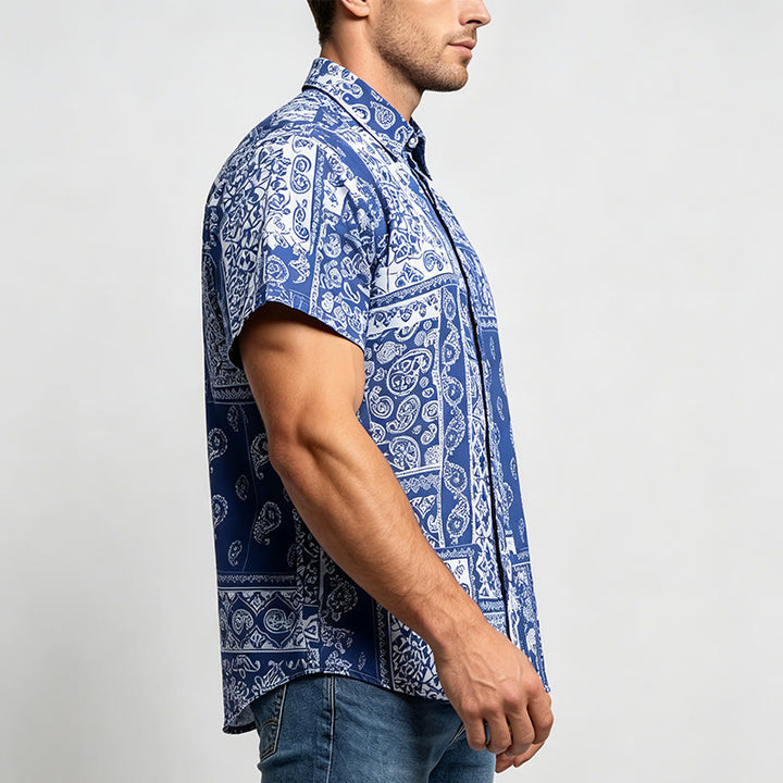 Klassisches marineblaues Kurzarmhemd mit Paisley-Patchwork-Print für Herren - image 2