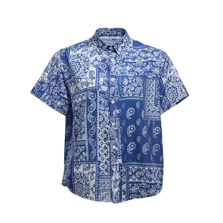 Klassisches marineblaues Kurzarmhemd mit Paisley-Patchwork-Print für Herren - image 9