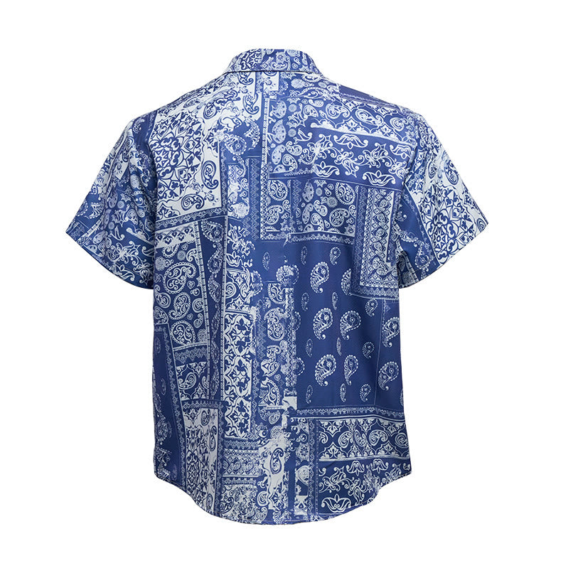 Klassisches marineblaues Kurzarmhemd mit Paisley-Patchwork-Print für Herren - image 10
