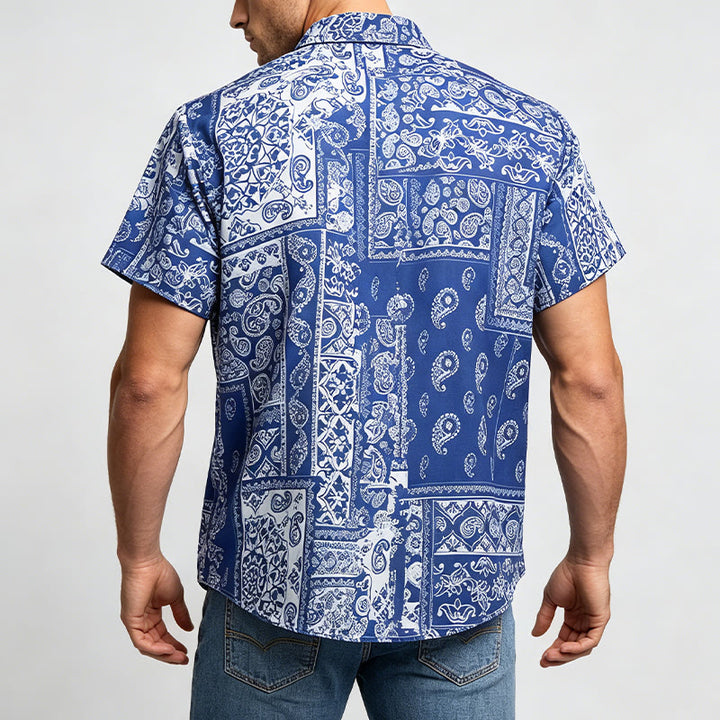 Klassisches marineblaues Kurzarmhemd mit Paisley-Patchwork-Print für Herren - image 3