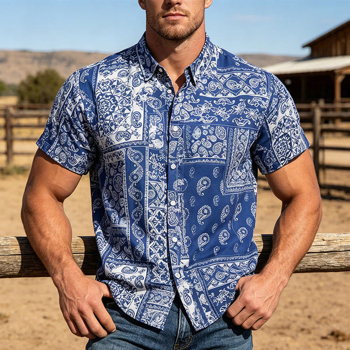 Klassisches marineblaues Kurzarmhemd mit Paisley-Patchwork-Print für Herren - Marine - 5XL - image 0