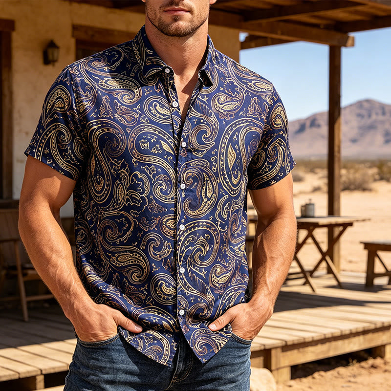 Glänzendes, luxuriöses Herrenhemd im Vintage-Paisley-Muster - Marine - 3XL - image 4
