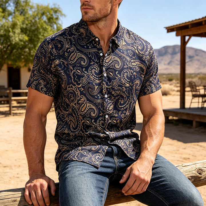 Glänzendes, luxuriöses Herrenhemd im Vintage-Paisley-Muster - Mitternachtsblau - 3XL - image 5