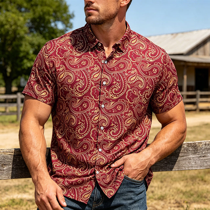 Glänzendes, luxuriöses Herrenhemd im Vintage-Paisley-Muster - Burgund - 3XL - image 0