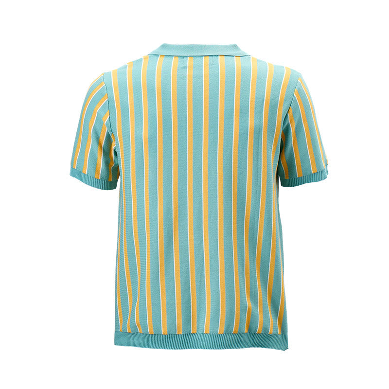 Herren-Poloshirt aus Strick, türkis und gold gestreift - image 9
