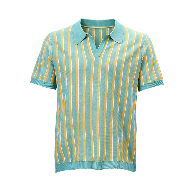 Herren-Poloshirt aus Strick, türkis und gold gestreift - image 8
