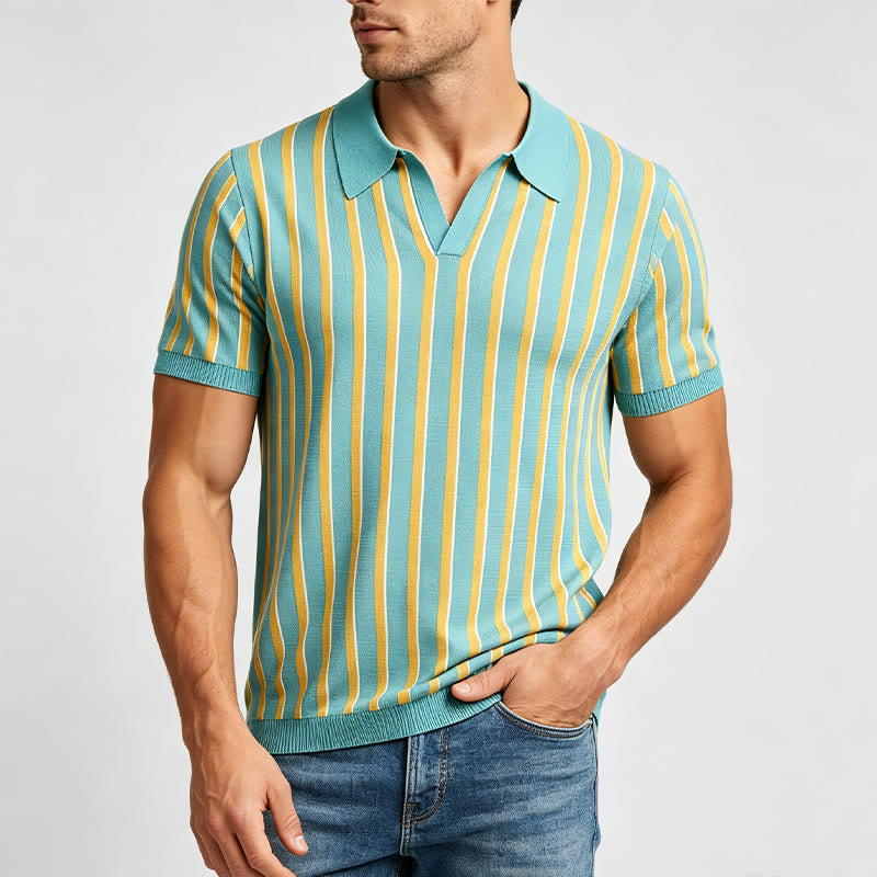 Herren-Poloshirt aus Strick, türkis und gold gestreift - image 1
