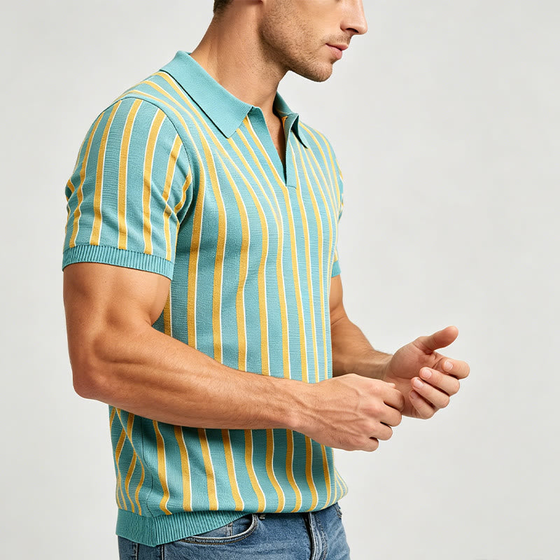 Herren-Poloshirt aus Strick, türkis und gold gestreift - image 2