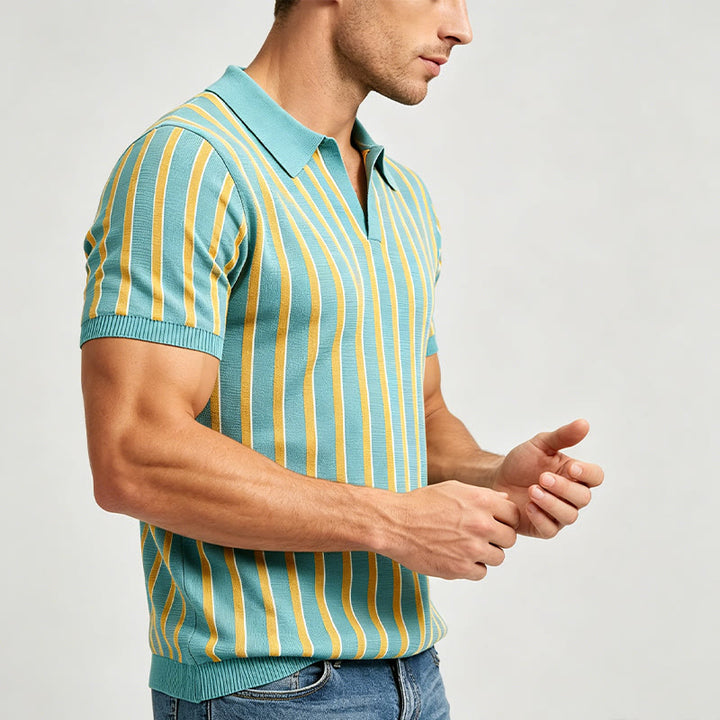 Herren-Poloshirt aus Strick, türkis und gold gestreift - image 2
