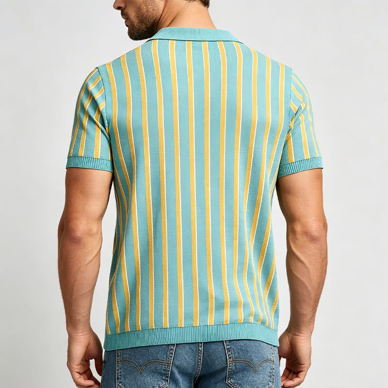 Herren-Poloshirt aus Strick, türkis und gold gestreift - image 3