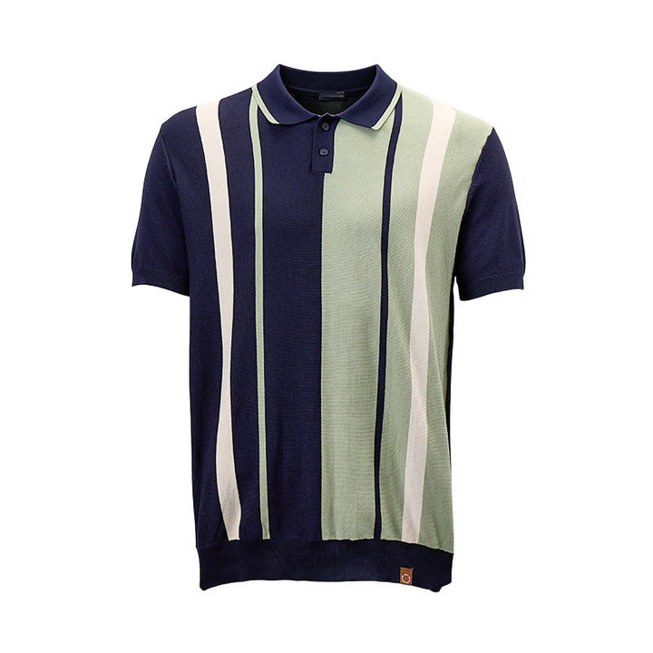 Retro-Poloshirt für Herren in Marineblau und Salbeigrün mit Farbblockstreifen - image 9