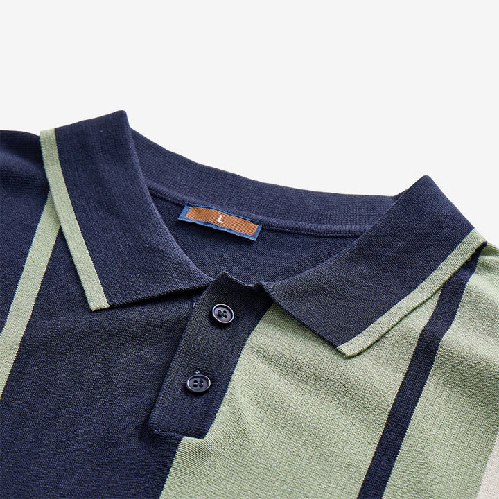Retro-Poloshirt für Herren in Marineblau und Salbeigrün mit Farbblockstreifen - image 4