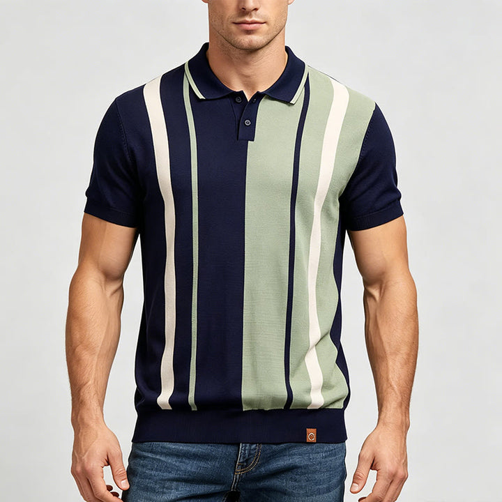 Retro-Poloshirt für Herren in Marineblau und Salbeigrün mit Farbblockstreifen - image 1