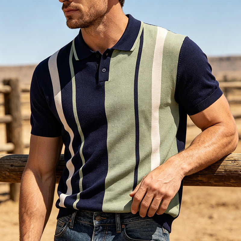 Retro-Poloshirt für Herren in Marineblau und Salbeigrün mit Farbblockstreifen - Marineblau und Salbei - 2XL - image 0