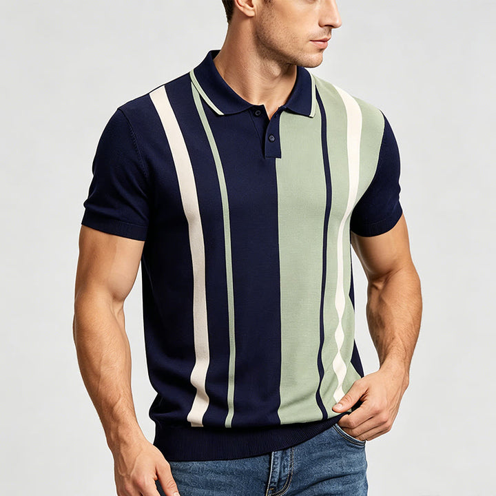 Retro-Poloshirt für Herren in Marineblau und Salbeigrün mit Farbblockstreifen - image 2