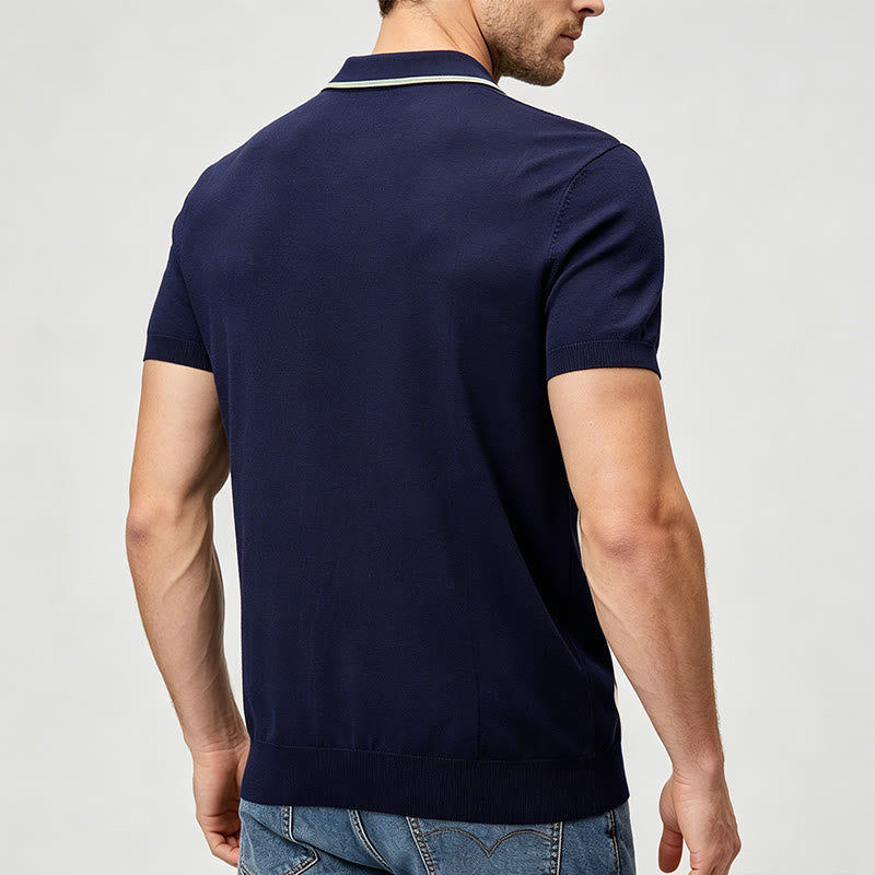 Retro-Poloshirt für Herren in Marineblau und Salbeigrün mit Farbblockstreifen - image 3