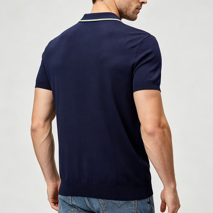 Retro-Poloshirt für Herren in Marineblau und Salbeigrün mit Farbblockstreifen - image 3