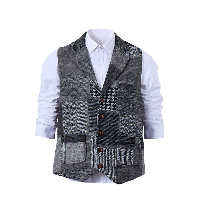 Herren-Anzugweste in Grau mit Patchwork-Muster in Fischgrät- und Hahnentrittoptik - image 8