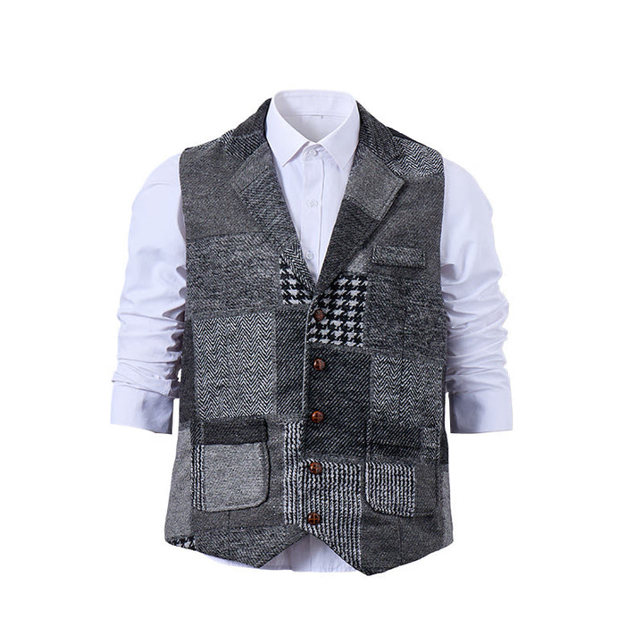Herren-Anzugweste in Grau mit Patchwork-Muster in Fischgrät- und Hahnentrittoptik - image 8
