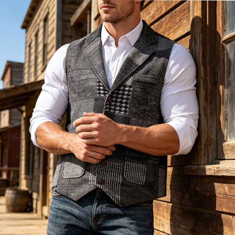Herren-Anzugweste in Grau mit Patchwork-Muster in Fischgrät- und Hahnentrittoptik - Grau - 2XL - image 0