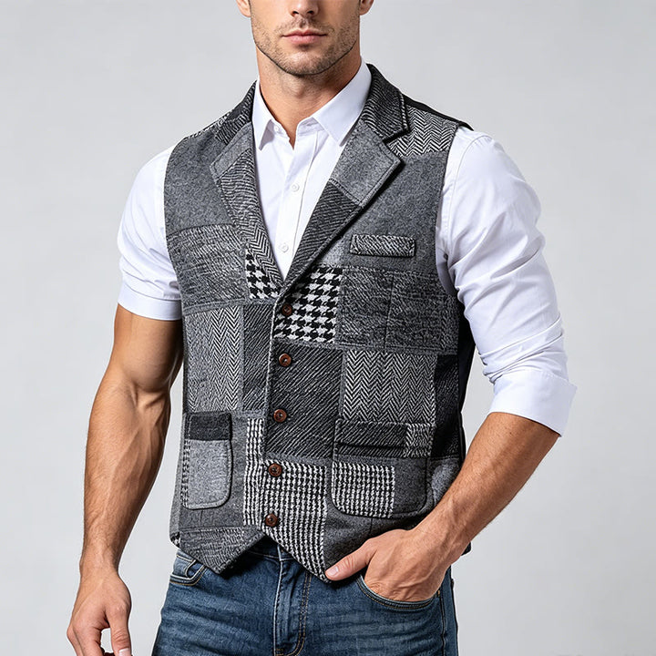 Herren-Anzugweste in Grau mit Patchwork-Muster in Fischgrät- und Hahnentrittoptik - image 1