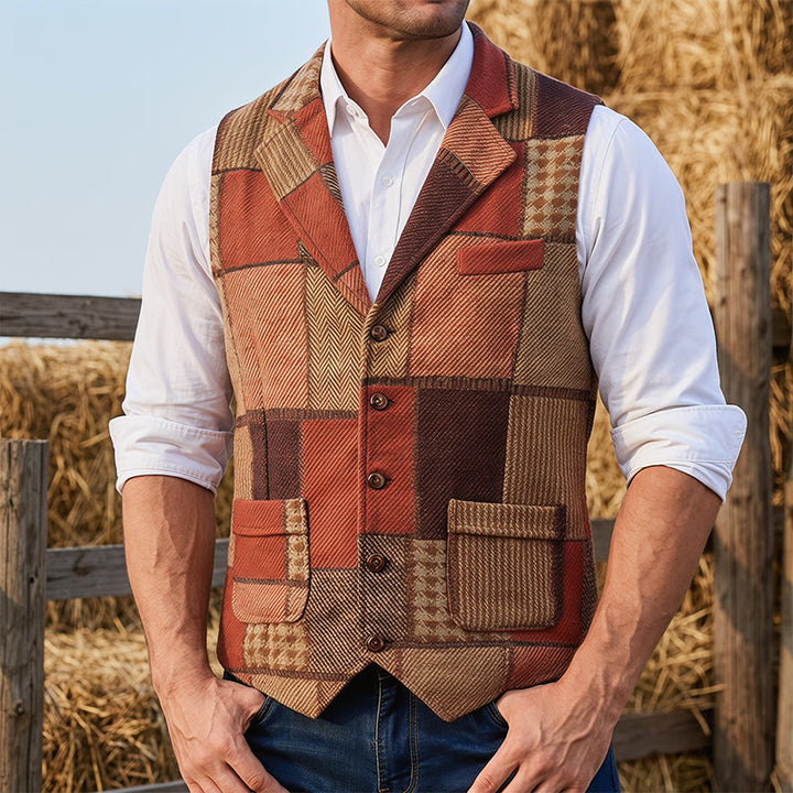 Herren-Anzugweste mit warmem Patchwork-Muster und Fischgrätmuster - Orange - 2XL - image 1