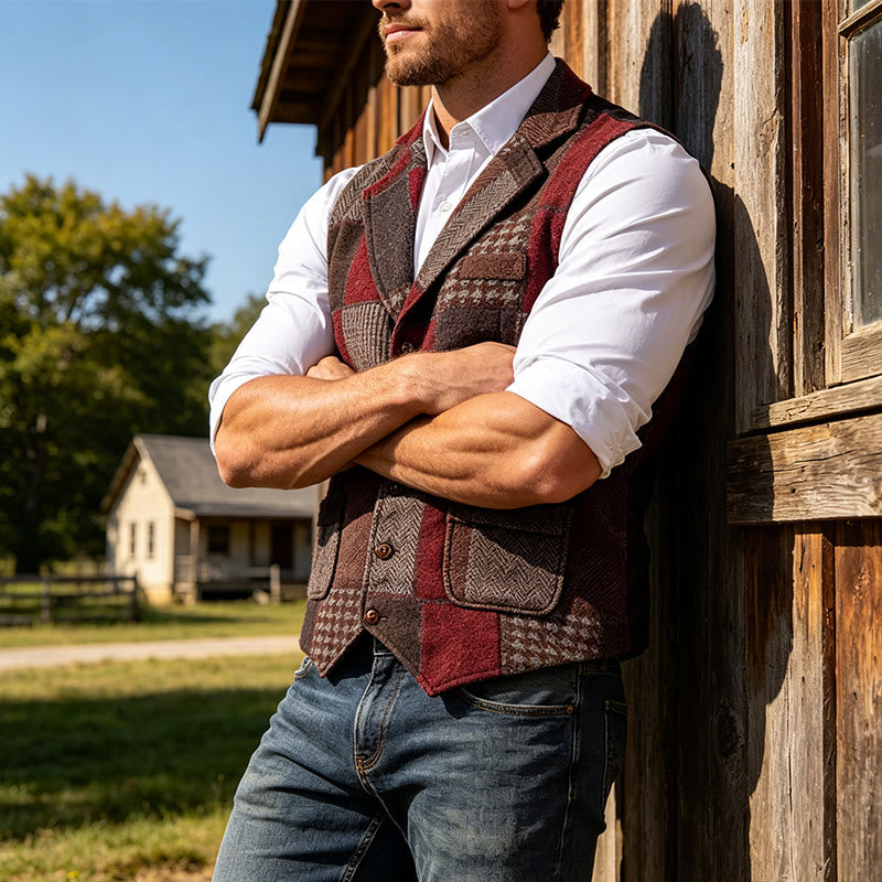 Herren-Anzugweste mit warmem Patchwork-Muster und Fischgrätmuster - Burgund - 2XL - image 12