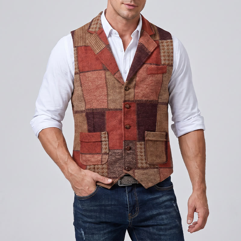 Herren-Anzugweste mit warmem Patchwork-Muster und Fischgrätmuster - image 2