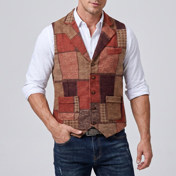 Herren-Anzugweste mit warmem Patchwork-Muster und Fischgrätmuster - image 2