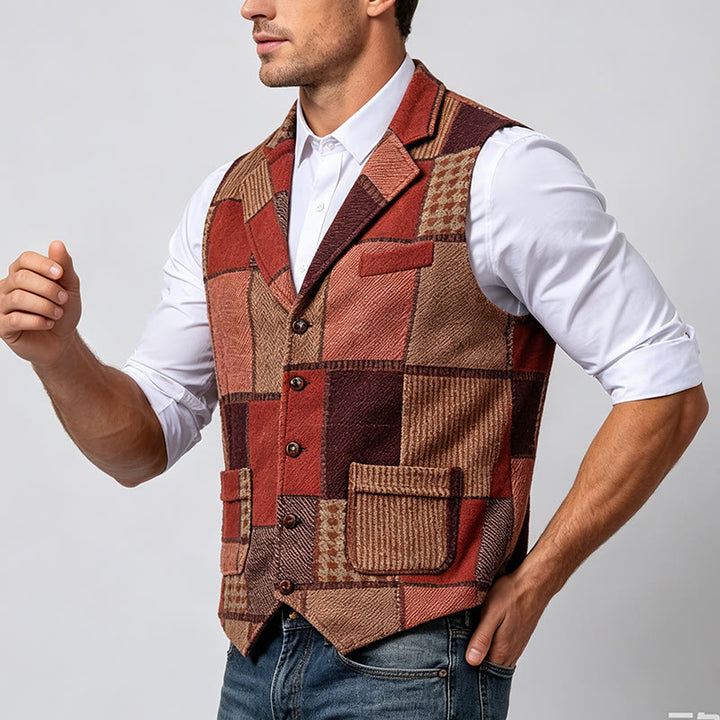 Herren-Anzugweste mit warmem Patchwork-Muster und Fischgrätmuster - image 3
