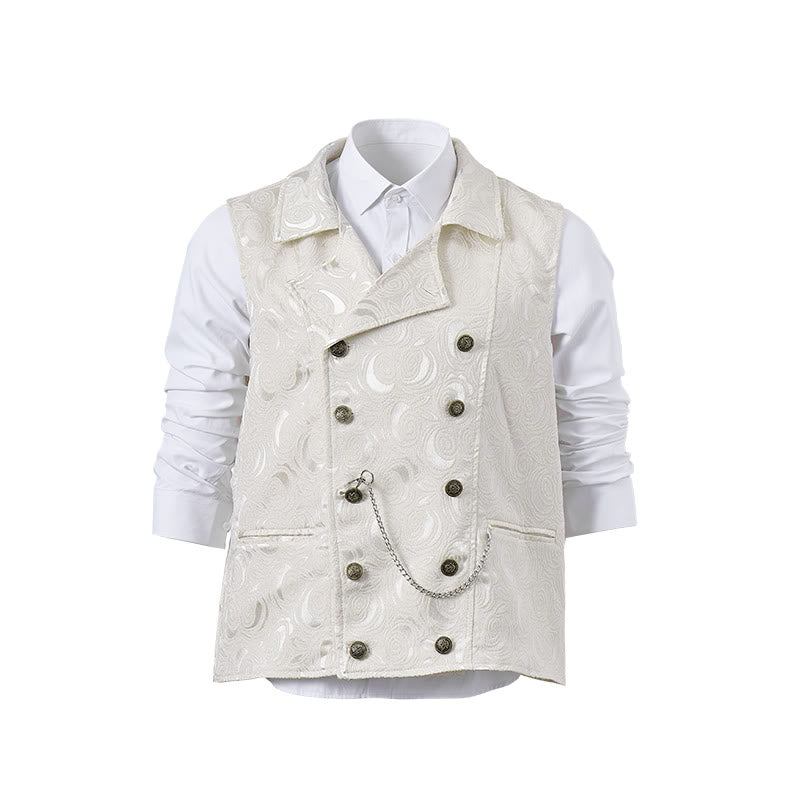 Herren-Anzugweste mit zweireihigem Blumenjacquardmuster und Kettendetail - Weiß - 2XL - image 14