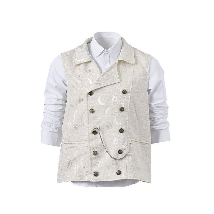 Herren-Anzugweste mit zweireihigem Blumenjacquardmuster und Kettendetail - Weiß - 2XL - image 14