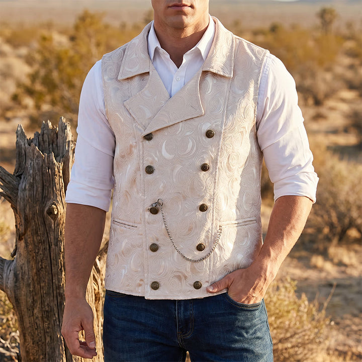 Herren-Anzugweste mit zweireihigem Blumenjacquardmuster und Kettendetail - Sekt - 2XL - image 1